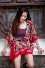 Portrait of thai china adult bohemian girl relax and smile