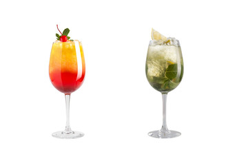 Alcohol cocktail with mint, fruit and berries on a white background. A set of two cocktails in glass goblets on a long leg.
