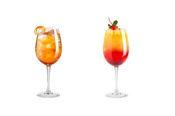 Alcohol cocktail with mint, fruit and berries on a white background. A set of two cocktails in glass goblets on a long leg.