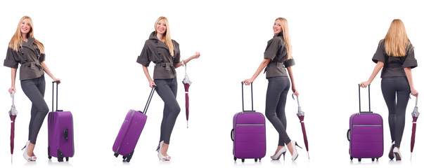 Young beautiful woman with suitcase and umbrella isolated on whi