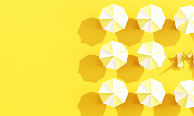 Top view beach umbrella with beach chairs on yellow background. summer vacation concept. 3d rendering © aanbetta