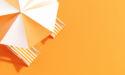 Top view beach umbrella with beach chairs on orange background. summer vacation concept. 3d rendering
