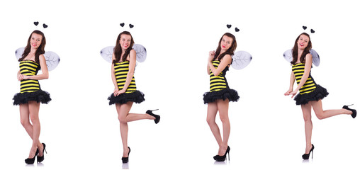 Young woman in bee costume isolated on white 
