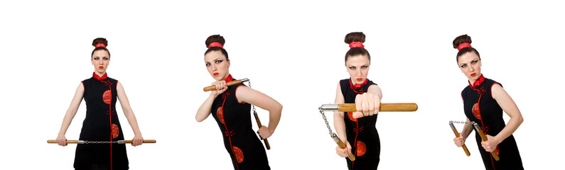 Funny woman with nunchucks isolated on white