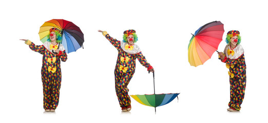 Clown with umbrella isolated on white