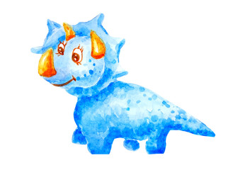 Watercolor blue kind dinosaur triceraptors smiling and friendly on white background isolated