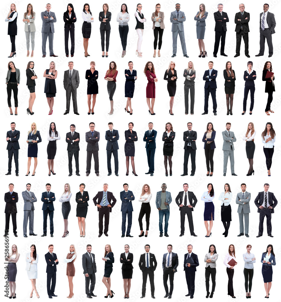 Sticker collage of young business people standing in a row.