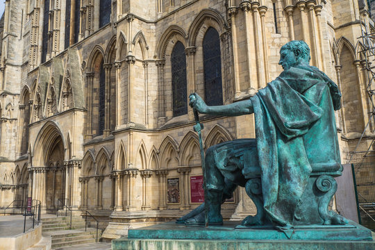 Statue of Roman Emperor Constantine the great with blue sky, York city, UK