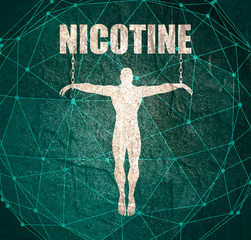 Man chained to nicotine word. Unhealth addiction metaphor. illustration.