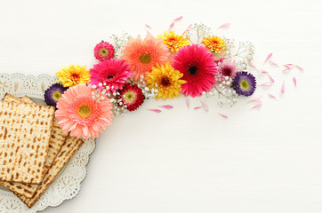 Pesah celebration concept (jewish Passover holiday). Top view flat lay