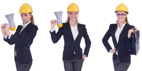 Female builder with megaphone isolated on white 
