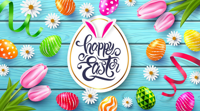 Happy Easter Poster and template with colorful Easter Eggs and flower on wood table background.Handwriting inscription Easter Day.Promotion and shopping template for Easter Day.Vector EPS10