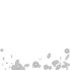 Indian rupee coins falling. Scattered black and wh