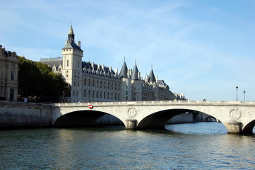 Panorama of Conciergerie and  bridge Pont au Change in Paris, France