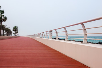 Obraz premium Beautiful promenade with walkway and white fence.