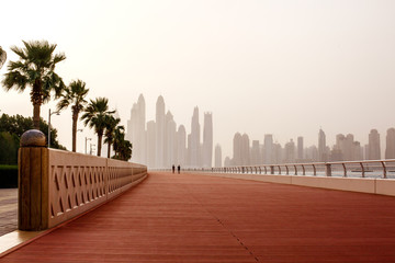 Morning run, a man and a woman run along the road with a beautiful view of Dubai. UAE