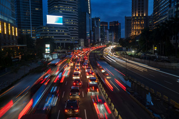 Fototapeta na wymiar Trail lights from vehicles in Jakarta downtown