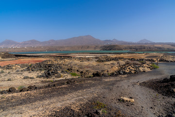 Spain, Lanzarote, Salt flats called salinas de janubio desalinating atlantic sea water