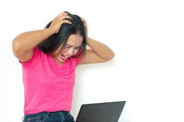 woman using laptop on white background ,Unhappy and angry mood.