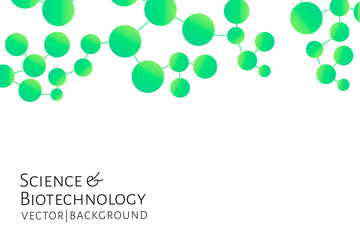 Modern background with green chemical bonds, molecules pattern. Medicine, science, biotechnology, pharmacology innovation concept. Place for text. White backdrop. Vector EPS 10 illustration.