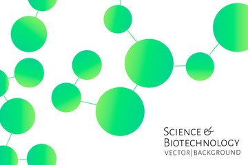 Modern background with green chemical bonds, molecules pattern. Medicine, science, biotechnology, pharmacology innovation concept. Place for text. White backdrop. Vector EPS 10 illustration.