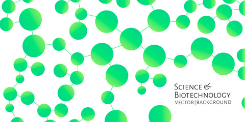 Widescreen modern background with green chemical bonds, molecules pattern. Medicine, science, biotechnology, pharmacology innovation concept. Place for text. White backdrop vector EPS 10 illustration