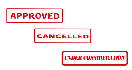 Vintage red rubber stamps Approved Cancelled and Under consideration isolated on white background. Web icons design. Vector illustration