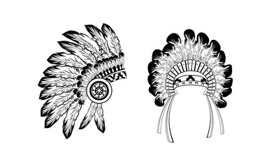 Indian tribal hat with feathers in sketch art style.
