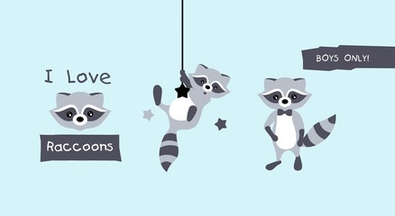 Vector illustration with cartoon raccoon. Surprised raccoon. Design element for cards, packaging, posters and other uses.