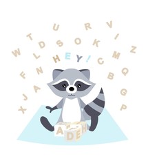Vector illustration with cute raccoon and cubes. The letters of the alphabet. Poster in the nursery. Template for cards, posters, notebooks, packaging and other uses.