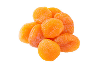 Heap of dried apricots isolated on white background. Closeup. Top view