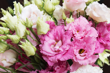 Eustoma. Beautiful flowers bouquet mix of white, purple and rose lisianthus. Front view. Closeup