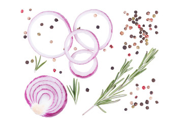 Slised red onion, rosemary and multicoloured pepper isolated on white background, top view