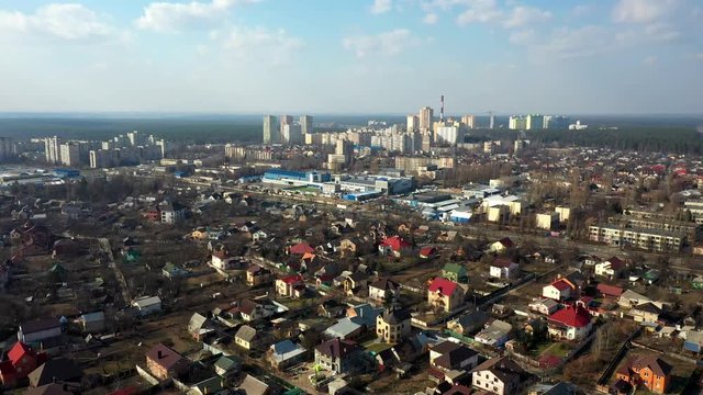Drone aerial of Kiev's suburbs with central Kiev in the background, Ukraine