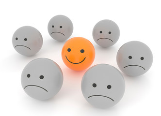 Illustration of 3d gray sad and orange happy emoji on white background.
