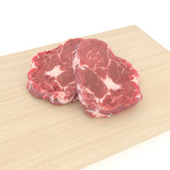 Illustration of 3d red raw meat on wooden board on white background.