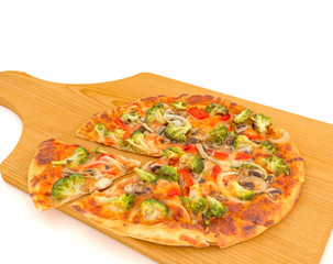 Illustration of 3d vegetarian pizza broccoli and mushrooms on wooden background.