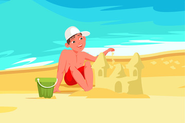Boy building sandcastle flat vector illustration