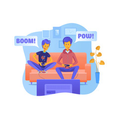 Father with son playing video games illustration