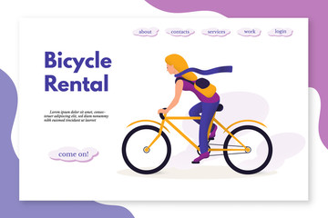 Fototapeta na wymiar Bicycle rental flat vector landing page template