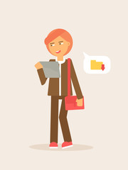 Young lady holding tablet flat vector illustration