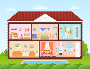 House inside, interior. Vector. Home cross section with rooms bedroom, living room, kitchen, dining, bathroom, nursery. Cartoon house in cut with roof, pool, tree, sky Cutaway illustration flat design