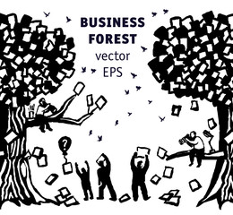 Abstract business forest people and documents black and white silhouette