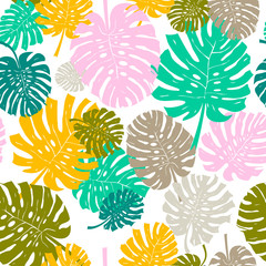 Fototapeta na wymiar Palm Leaf Seamless Background. Monstera leaf pattern. Flat Design. Vector Illustration. Isolated On White Background.