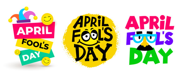 Set Of April Fools Day Text And Funny Glasses. Greeting Card, Ad, Promotion, Poster, Flier, Blog, Article, Marketing, Signage, Email. Flat Design. Vector Illustration. Isolated On White Background.