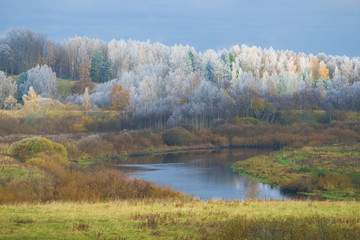 The October morning frost in the valley of the Sorot River. Pskov region, Russia