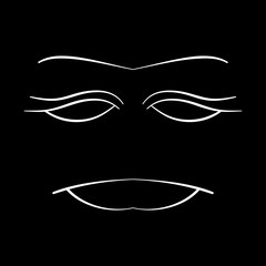 Contour face drawing, sketch, graphic. Black and white cartoon face. Abstract face symbol, icon black background.