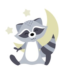 Vector illustration with raccoon and stars. Sweet dreams. Design element for cards, packaging, posters and other uses.