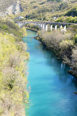 Fototapeta na wymiar Historical Solkan bridge over Soca river, Nova Gorica, Slovenia, Europe.