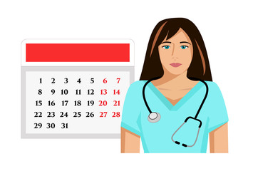 Vector image of a female doctor or medical specialist and a calendar - appointments, patient waiting times or lists, consultations and check-ups